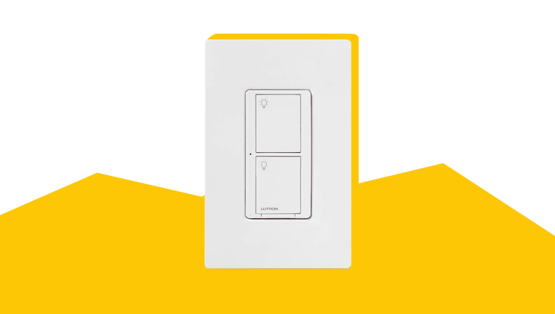A white Lutron smart switch , showing two rectangular buttons sits against a golden and white background.