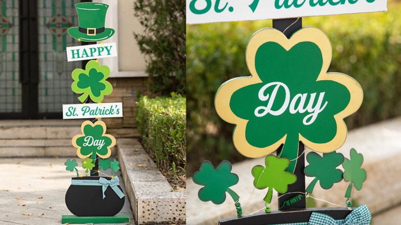 Green shamrock outdoor sign in front yard