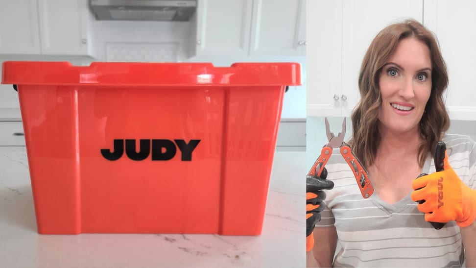 On left, Judy Survival Safe on countertop. On left, person smiling while holding pliers and wearing gloves.