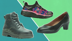 Black Hytest boots, Shoes for Crews heels, and Skechers Max Cushion sneakers on a two-tone colored background
