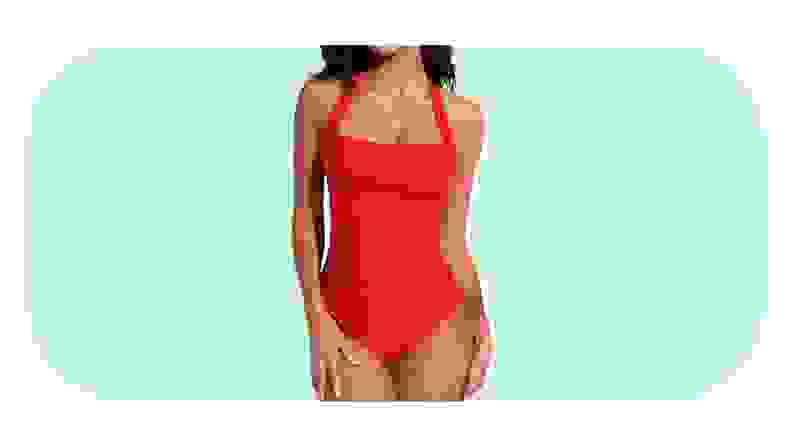 A red bathing suit with a retro silhouette.