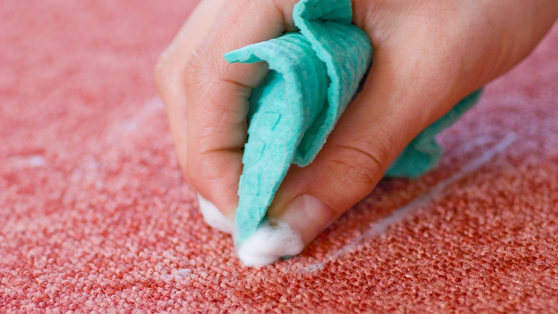 Hand using a washcloth to scrub soapy water on carpet