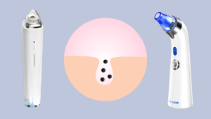 Two pore vacuums on a gray background with an illustration of a facial pore