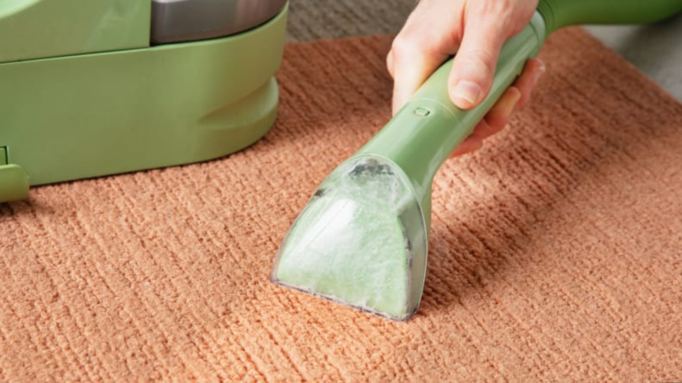A carpet cleaner cleaning a coral rug.