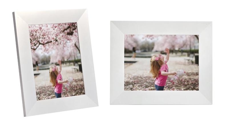 Two images of the same digital picture frame featuring a picture of a young girl standing on a street lined with cherry blossom trees.