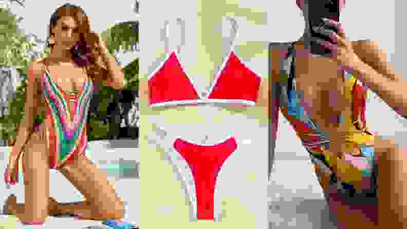 A model wearing a rainbow-print one-piece swimsuit (left), a white-edged red bikini lying flat (center), a colorful-print plunging one-piece lying flat (right)