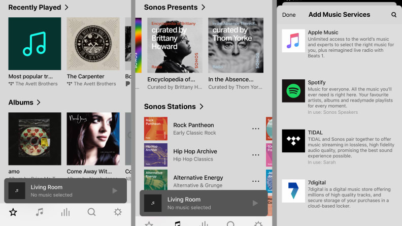 Three screenshots of Sonos app