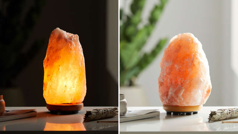 A lit and unlit Himalayan salt lamp.