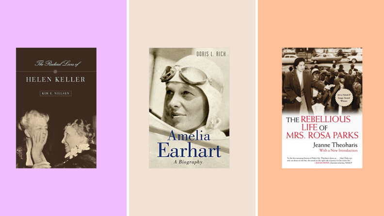 Covers of Helen Heller, Amelia Earhart, and Rosa Parks biographies