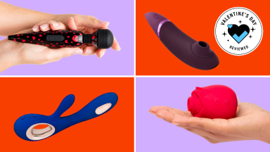 Four sex toys for women on red and purple backgrounds