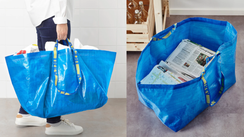 On left, man standing up holding blue Ikea bag. On right, blue Ikea bag filled with newspapers.