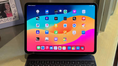 The iPad Pro (2024) turned on displaying it's home menu with apps.
