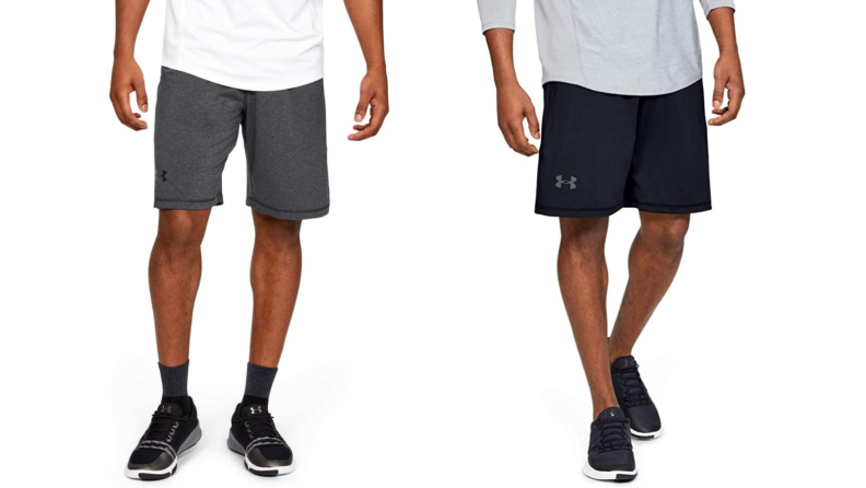 two men wearing under armour training shorts