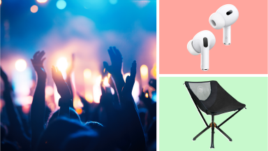 A group of people waving their hands in the air at a concert, Apple Airpods, and a chair.
