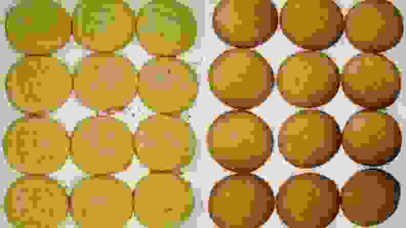 Side by side images featuring two trays of cookies, the left of which is very pale in color and the right of which is brown and over-baked.