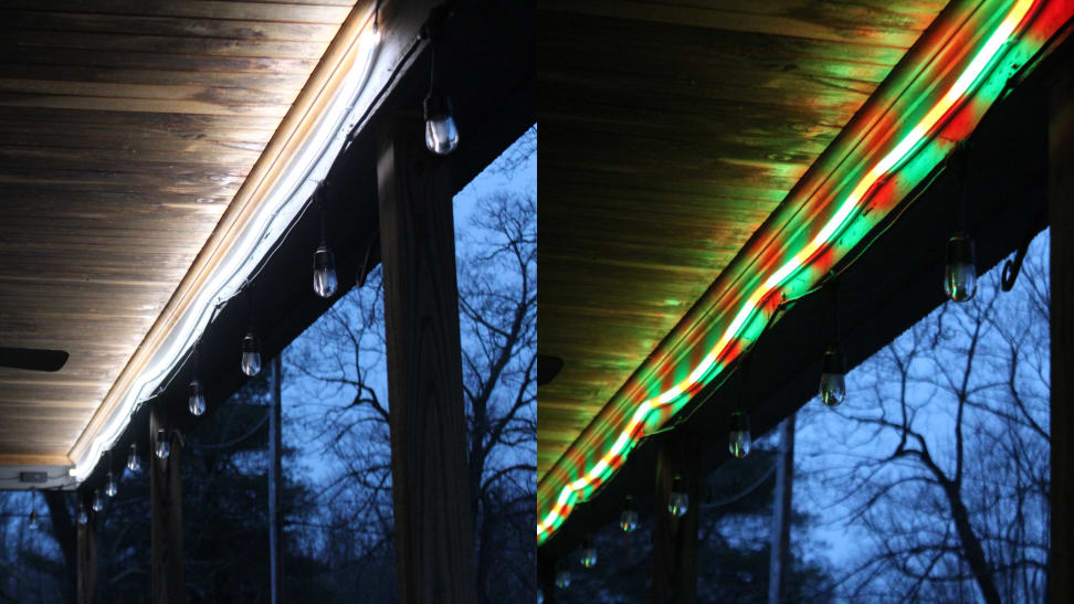 Two images side by side of a white light strip and a red and green light strip against a sky at dusk