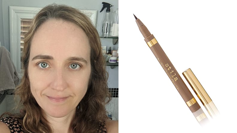 A woman with one eyebrow shaded in using Stila's eyebrow pen, also shown