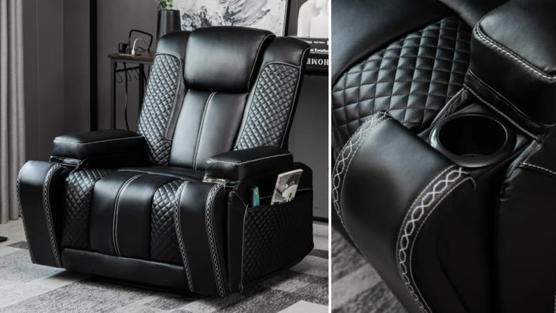 A black faux leather Massage Home Theater Seating recliner by Ebern Designs and detail of a cup holder in the chair's arm