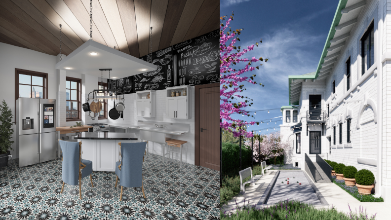 1) A kitchen with adjustable countertops. 2) Outdoor photo of a house with a wheelchair accessible ramp.