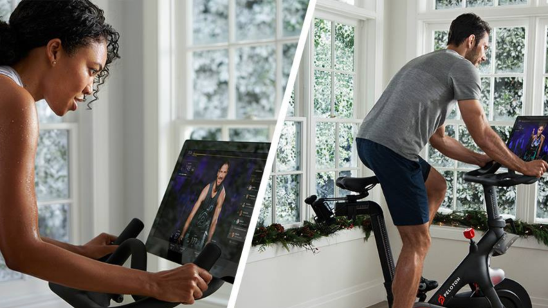 A side by side of people on spinning bikes.