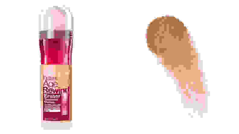 On the left, the Maybelline New York Instant Age Rewind Eraser Treatment in a light shade sits on a plain background. On the right, a swatch of the same shade sits on a white background.