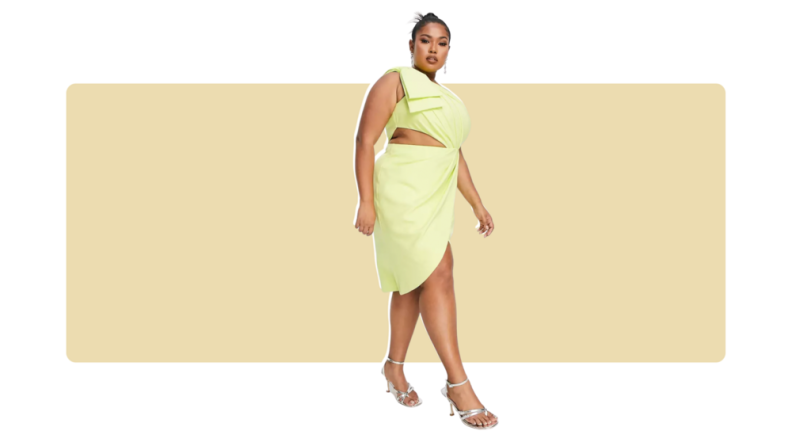 A knee-length lime dress that has a cutout detail, pleating, and a bow on the single shoulder.