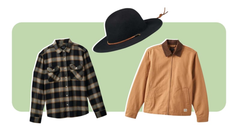 A khaki work jacket, a plaid flannel shirt, and a wide-brim felt hat.
