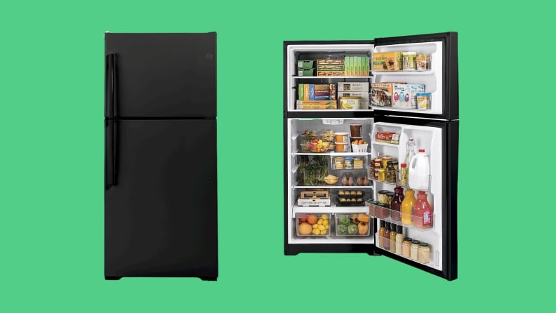 Two shots of a black GE fridge with doors open and closed.