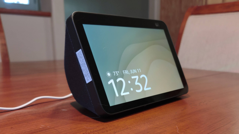 Amazon smart screen device on a wooden table