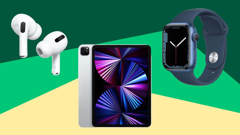 AirPods, Apple Watch, and iPad, all on a green background.