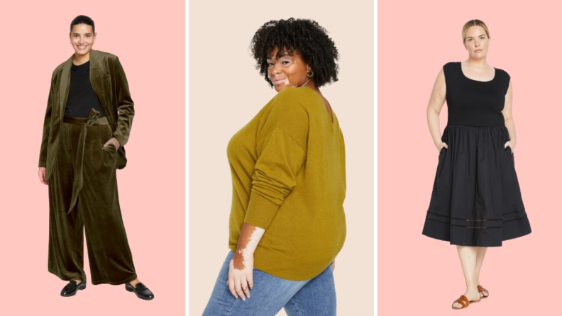 Collage of three plus-size options: Velvet green wide leg trousers, a chartreuse cashmere sweater, and a black midi dress.