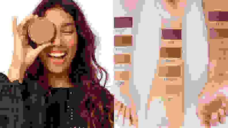 On the left: A person holds the Saie Sun Melt Natural Cream Bronzer in front of their eye while smiling and closing the other eye. On the right: Three arms of different skin tones lay across a white surface with swatches from all of the Saie bronzers on their arms.