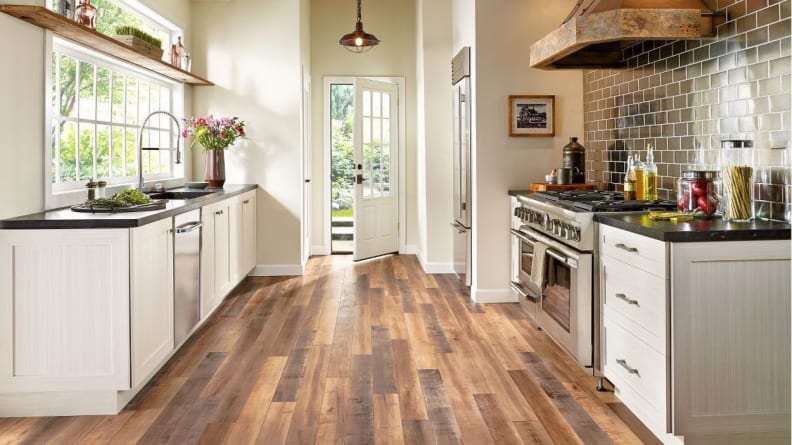 A wood floor adds warmth and authenticity to a kitchen