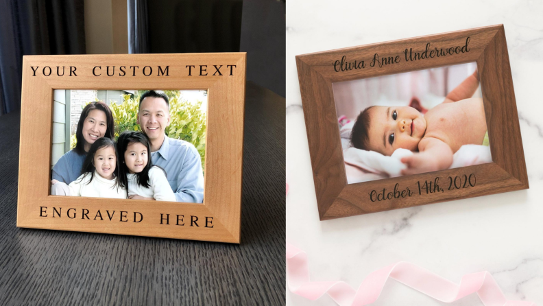 On left, family of four smiling in walnut personalized frame. On right, picture of newborn baby smiling in frame.