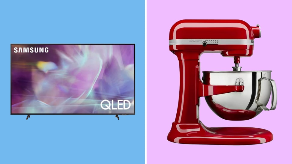An image of a Samsung QLED TV alongside an image of a red KitchenAid stand mixer seen from the side.