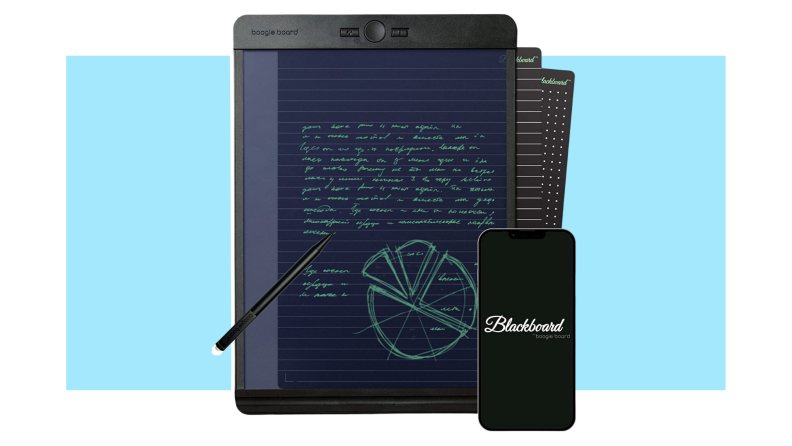 A boogie board tablet on a blue and white background