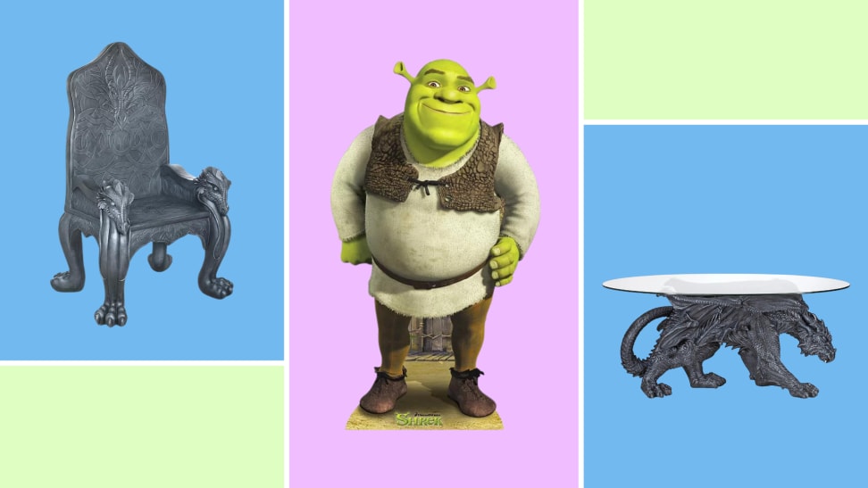 A collage featuring a Shrek cutout, a throne and a glass table with a dragon for support.
