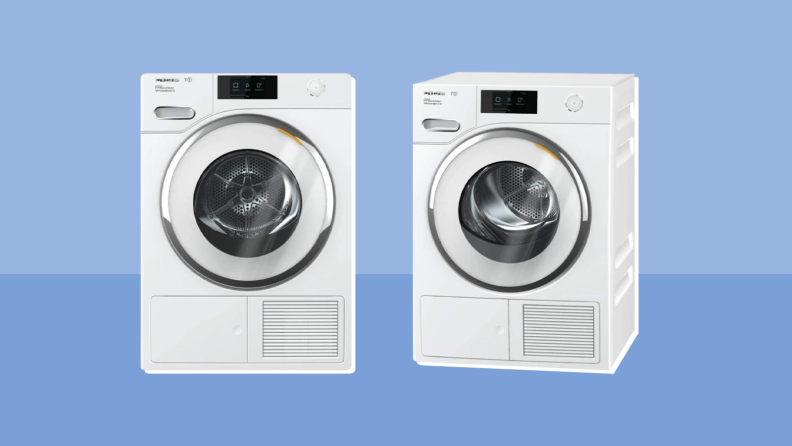 A small white washer and white dryer sit on a blue background