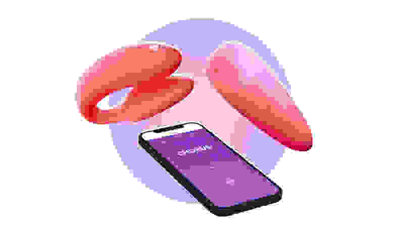 A smartphone next to a We-Vibe vibrator and remote on a purple background.