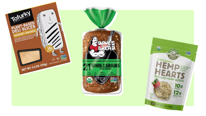 Collage of a box of Tofurkey plant-based deli slices, a loaf of organic bread and a bag of hemp hearts.