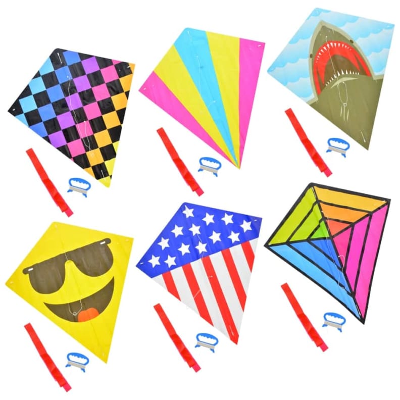 An image of six different kites.