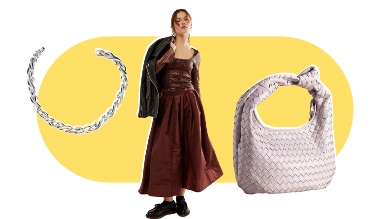 A chunky oversized silver necklace, an oversized woven leather bag, and a voluminous skirt.