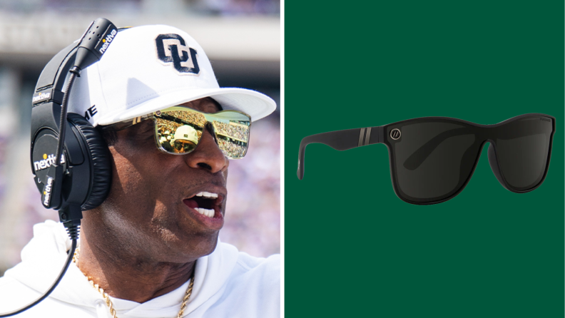 A collage with Deion Sanders and his Prime 21 Sunglasses on a dark green background.
