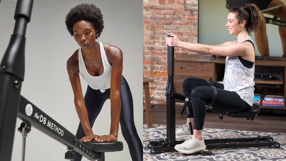 Woman using DB Method squat machine.