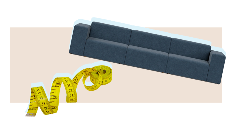 A sofa with a close-up shot of a measuring tape.