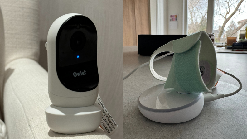 Photo collage of the Owlet Cam baby monitor on the cloth arm of a chair and the Owlet Dream Sock on a charging doc on top of a marble countertop.