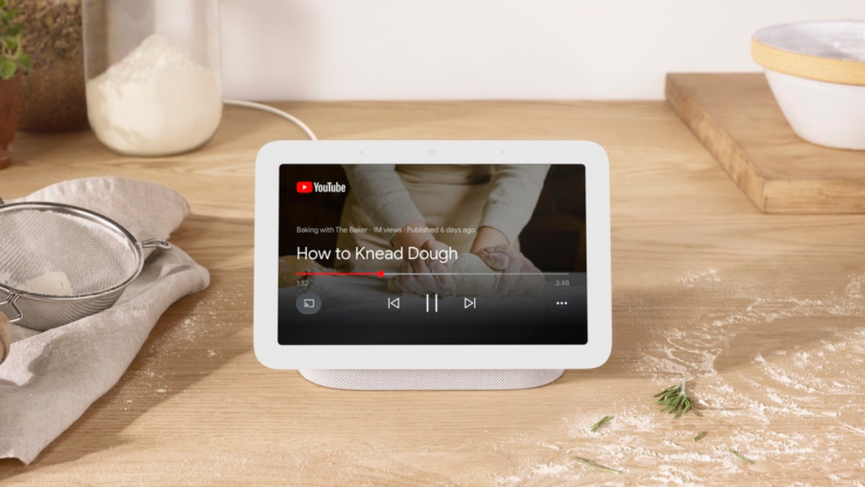 Google's Nest Hub (second-gen) smart display on the kitchen counter