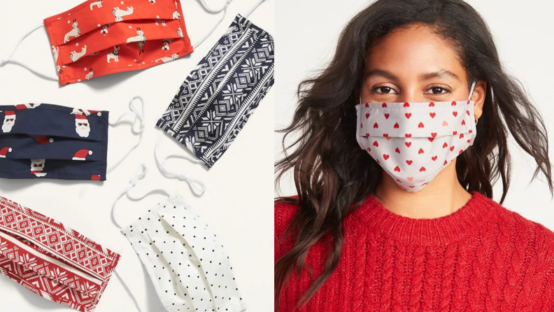 An image of assorted face masks alongside a woman in a red sweater wearing a mask.