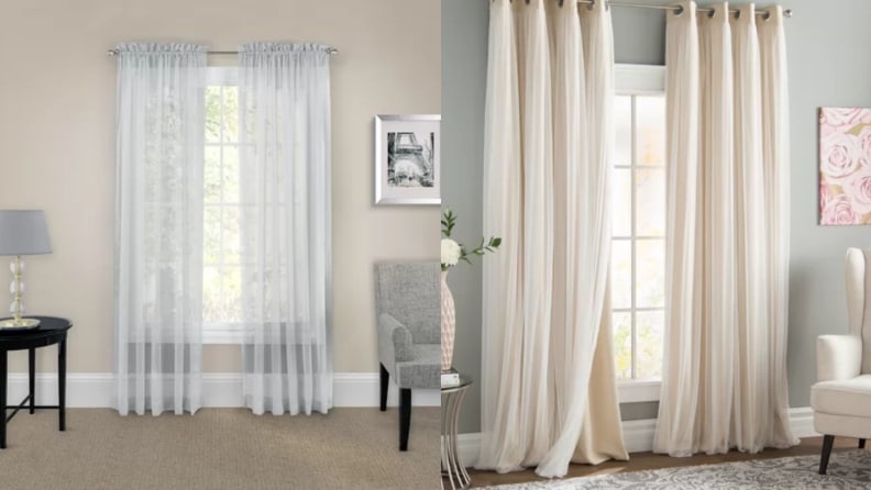 Side-by-side images of white sheer curtains and beige thermal curtains