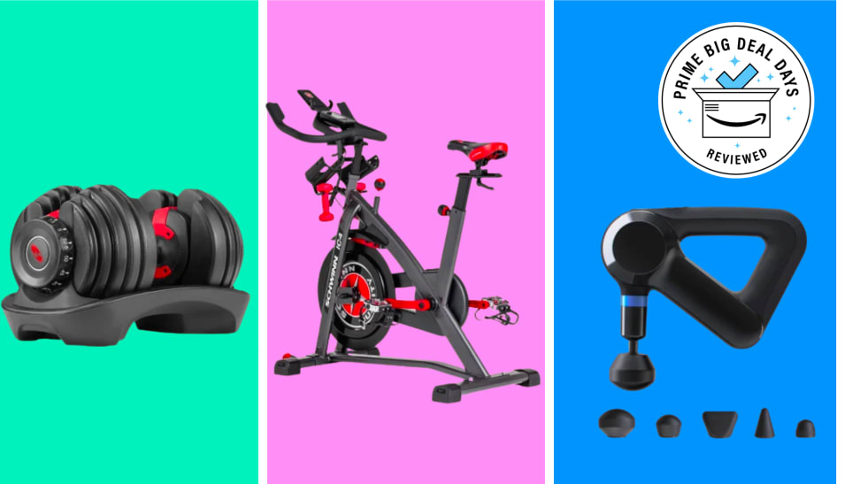 exercise bike, adjustable weights and a massage gun